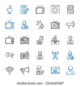 broadcasting icons set. Collection of broadcasting with news reporter, television, megaphone, signal, signal tower, tv, news report. Editable and scalable broadcasting icons.