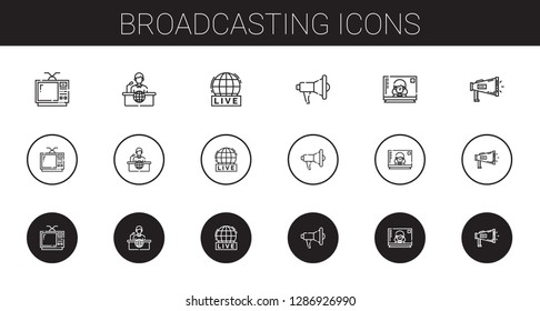 broadcasting icons set. Collection of broadcasting with television, news report, live, megaphone. Editable and scalable broadcasting icons.