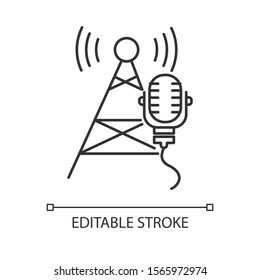 Broadcasting industry linear icon. Telecommunications. Soundwave. Telecom tower and microphone. News, radio. Thin line illustration. Contour symbol. Vector isolated outline drawing. Editable stroke