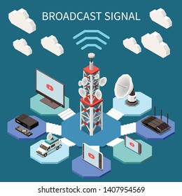 Broadcasting isometric composition with satellite aerials and electronic devices 3d vector illustration