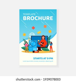 Broadcasting with journalist or newscaster reading newsletter, reporting news. People watching news on TV, reading press. Vector illustration for digital television, media, communication concept