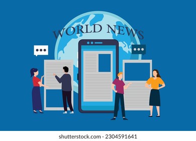 Broadcasting with journalist or newscaster reading newsletter, reporting news 2d vector illustration concept for banner, website, illustration, landing page, flyer, etc.