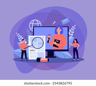 Broadcasting with journalist or newscaster reading newsletter, reporting news. People watching news on TV, reading press. Vector illustration for digital television, social media, communication concep