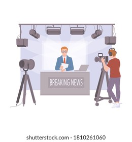 Broadcasting live from TV breaking news studio. A male newsreader and cameraman or videographer with cameras. Flat vector illustration.