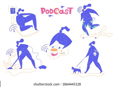 Transmisión, alojamiento de medios. Micrófono sonante, dibujo de doodle de burbuja de habla mediática aislado en fondo blanco. Relájate y escucha podcast. Ir a la universidad.Cocinar.Antes de dormir