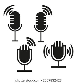 Broadcasting microphone icons. Radio signal symbol. Sound transmission design. Wireless audio vector.