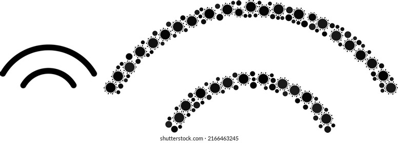 Icono de mosaico de difusión. El mosaico vectorial está formado por iconos de virus aleatorios. Icono de transmisión de mosaico de células de virus. Mosaico de transmisión para plantillas de separación.