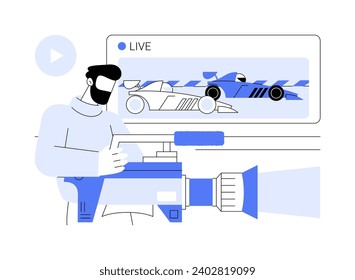 Broadcasting motorsports abstract concept vector illustration. Cameraman shooting a professional racing competition, sport transport, motorsport broadcasting process abstract metaphor.