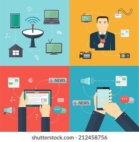 Broadcasting News via mobile devices, Journalism, Flat set Mass Media icon