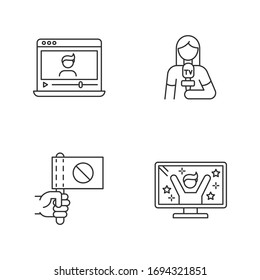 Broadcasting pixel perfect linear icons set. Watch vlog on laptop. Journalist broadcasting news. Customizable thin line contour symbols. Isolated vector outline illustrations. Editable stroke