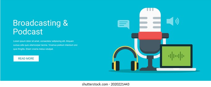 Broadcasting and podcast vector illustration banner concept in flat style. Suitable for web banners, social media, postcard, presentation and many more.