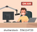 Broadcasting. Radio host behind a desk speaks into the microphone on the air. Vector illustration in  flat style