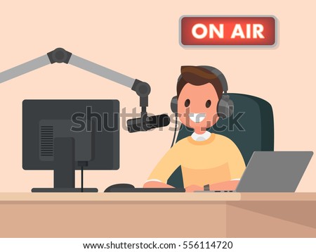 Broadcasting. Radio host behind a desk speaks into the microphone on the air. Vector illustration in  flat style