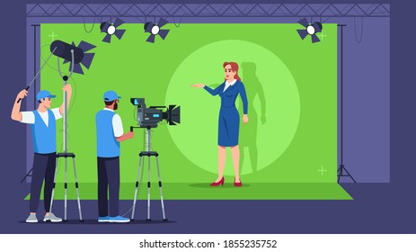 Broadcasting semi flat vector illustration. Television studio interior. Professional equipment for content creation. Live video. Breaking news 2D cartoon characters for commercial use