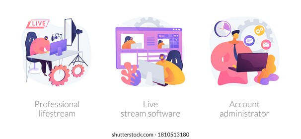 Broadcasting service abstract concept vector illustration set. Professional livestream software, account administrator job, online event stream manager, production monetization abstract metaphor.