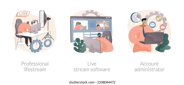 Broadcasting Service Abstract Concept Vector Illustration Set. Professional Livestream Software, Account Administrator Job, Online Event Stream Manager, Production Monetization Abstract Metaphor.