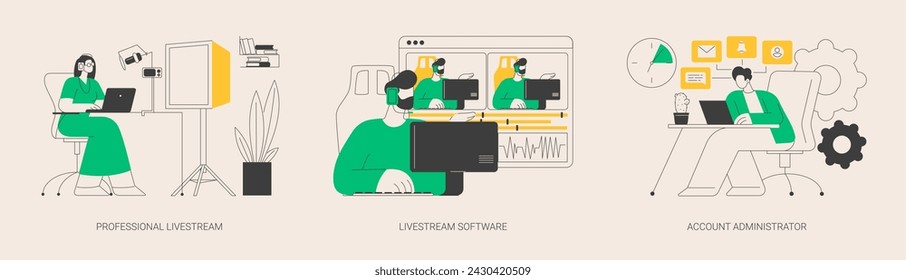 Broadcasting service abstract concept vector illustration set. Professional livestream software, account administrator job, online event stream manager, production monetization abstract metaphor.