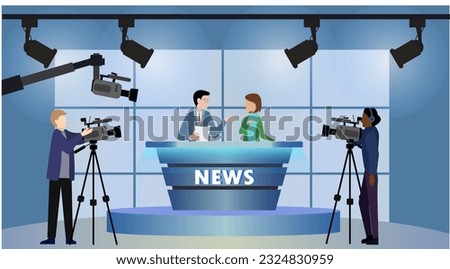 broadcasting show interview with backstage flat vector illustration, cameraman video camera shooting crew, television studio set, television industry website background