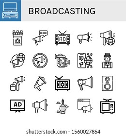 broadcasting simple icons set. Contains such icons as Tv, Tower, Megaphone, Television, Old video camera, Journalist, Loudspeaker, can be used for web, mobile and logo
