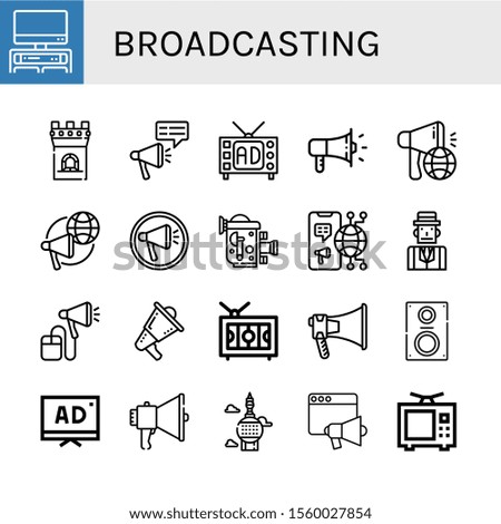 broadcasting simple icons set. Contains such icons as Tv, Tower, Megaphone, Television, Old video camera, Journalist, Loudspeaker, can be used for web, mobile and logo
