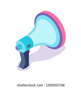 Broadcasting symbol, megaphone with handle vector. Isolated isometric 3d icon, communication and loudspeaker. Bullhorn tool for making announcements