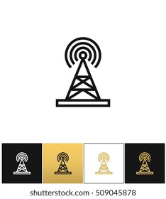 Broadcasting tower or broadcast station vector icon. Broadcasting tower or broadcast station pictograph on black, white and gold background