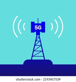Broadcasting, transmission and distribution of internet signal from 5G antenna, communications tower, transmitter and satellite. Vector illustration