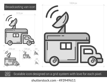 Broadcasting van vector line icon isolated on white background. Broadcasting van line icon for infographic, website or app. Scalable icon designed on a grid system.