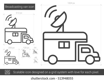 Broadcasting van vector line icon isolated on white background. Broadcasting van line icon for infographic, website or app. Scalable icon designed on a grid system.