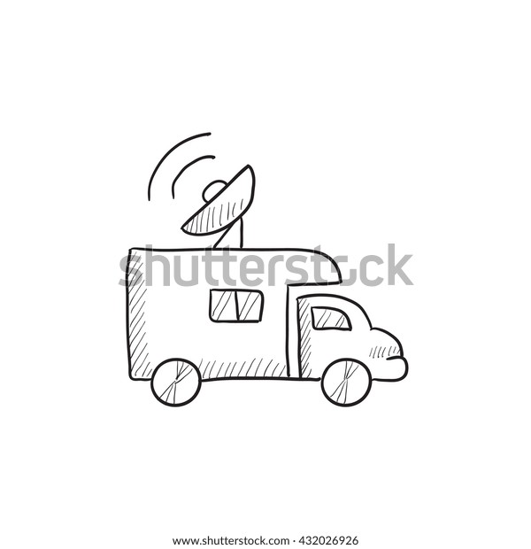 Broadcasting van vector\
sketch icon isolated on background. Hand drawn Broadcasting van\
icon. Broadcasting van sketch icon for infographic, website or\
app.