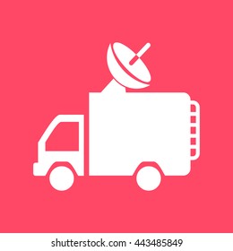 Broadcasting  Van white icon on magenta color background. Eps-10.