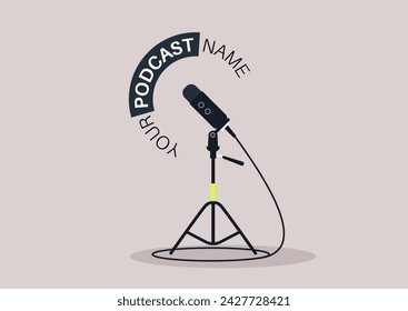 Broadcasting Voices, A Modern Podcast Setup, A stylized microphone on a stand ready to capture the essence of storytelling