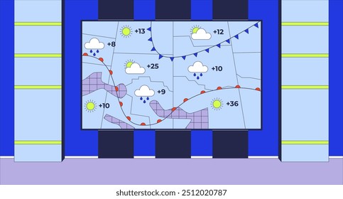 Difusión de mapa de pronóstico de Clima ilustración plana de estudio. Telón de fondo de Weathercast. Condiciones de Clima. Fondo de dibujos animados interiores 2D del programa de televisión. Escena de producción de TV de canal Vector Imagen