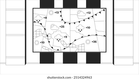 Difusão mapa de previsão do tempo estúdio preto e branco linha ilustração. Fundo meteorológico. Condições meteorológicas. Programa de televisão 2D interior monocromático pano de fundo. Vetor de contorno de TV de canal