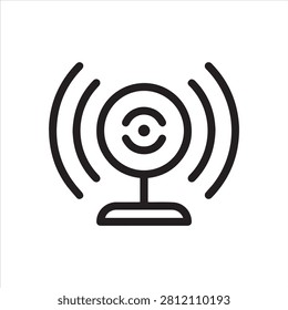 Broadcasting webcam icon. Web camera and sound waves label. Blogging, vlogging, online translation concept pictograph.