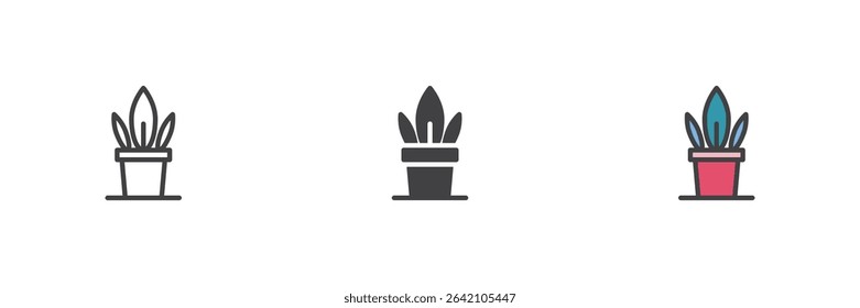 Broad-leaf houseplant in a pot shown in line, solid and filled outline icon styles. Indoor vector symbol. Decorative plant icon set.