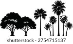 Broadleaf and palm tree silhouettes, diverse foliage vector illustration, botanical artwork design, landscape nature graphics, tropical forest shadow icons, decorative plant artwork