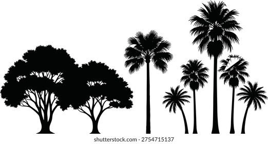 Broadleaf and palm tree silhouettes, diverse foliage vector illustration, botanical artwork design, landscape nature graphics, tropical forest shadow icons, decorative plant artwork