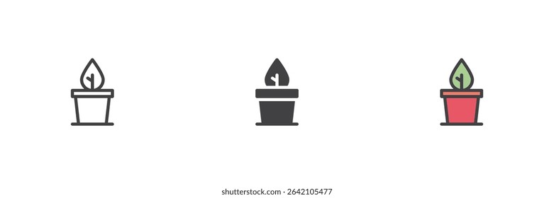 Broad-leaf potted foliage plant shown in line, solid and filled outline icon styles. Indoor greenery icon pack with minimal and stylized leaf design.