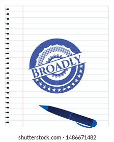 Broadly emblem with pen effect. Blue ink. Vector Illustration. Detailed.