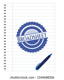 Broadsheet emblem draw with pen effect. Blue ink. Vector Illustration. Detailed.