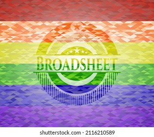 Broadsheet emblem on mosaic background with the colors of the LGBT flag. 