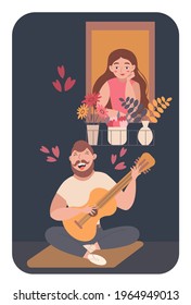A broad-shouldered big man with a beard and mustache sitting by the window in the beloved, plays guitar and sings a serenade. The girl looks out the window and listens to the singing. Vector 
