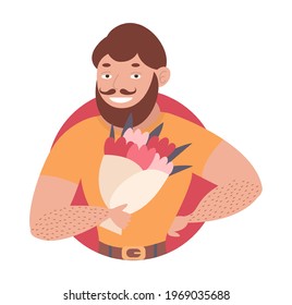 A broad-shouldered big man with a beard and mustache, holding a bouquet of flowers and smiling. Vector illustration. Congratulatory illustration.