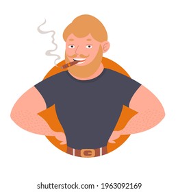 A broad-shouldered man with a beard and mustache smiles and smokes a cigar. Vector stock illustration, tobacco products, logo