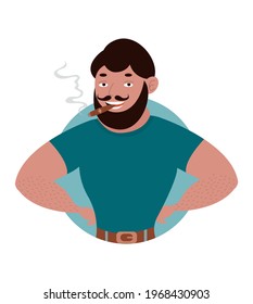 A broad-shouldered man with a beard and mustache smiles and smokes a cigar. Vector stock illustration, tobacco products, logo