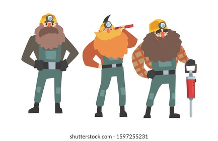 Broad-Shouldered Miner Characters Wearing Mining Robe Vector Set