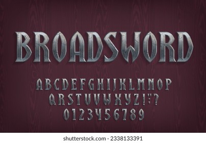 Broadsword alphabet font. Distressed metal letters and numbers on a wooden background. Stock vector typescript for your typography design.