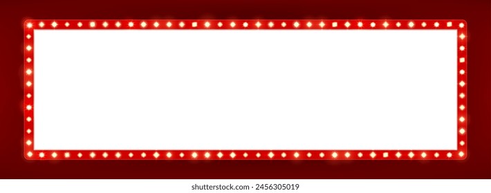 Broadway billboard or casino board and light bulb marquee frame, vector background. Circus or retro movie cinema signboard with lightbulb lamps, vintage marquee red frame for cinema or show billboard