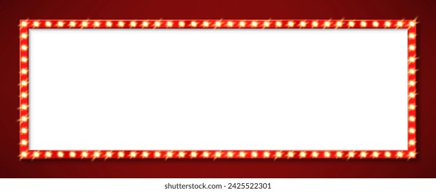 Broadway billboard, light bulb marquee frame, circus board, casino board, retro movie cinema signboard. Vector vibrant theatrical border, enticing audience to experience the magic of live performances